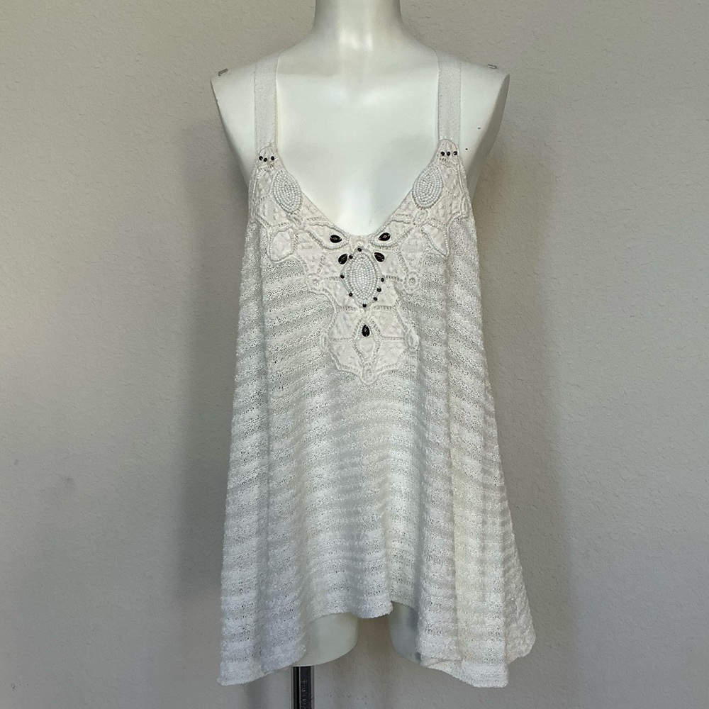 Free People Cream Crochet Trim Beaded Swing Top
